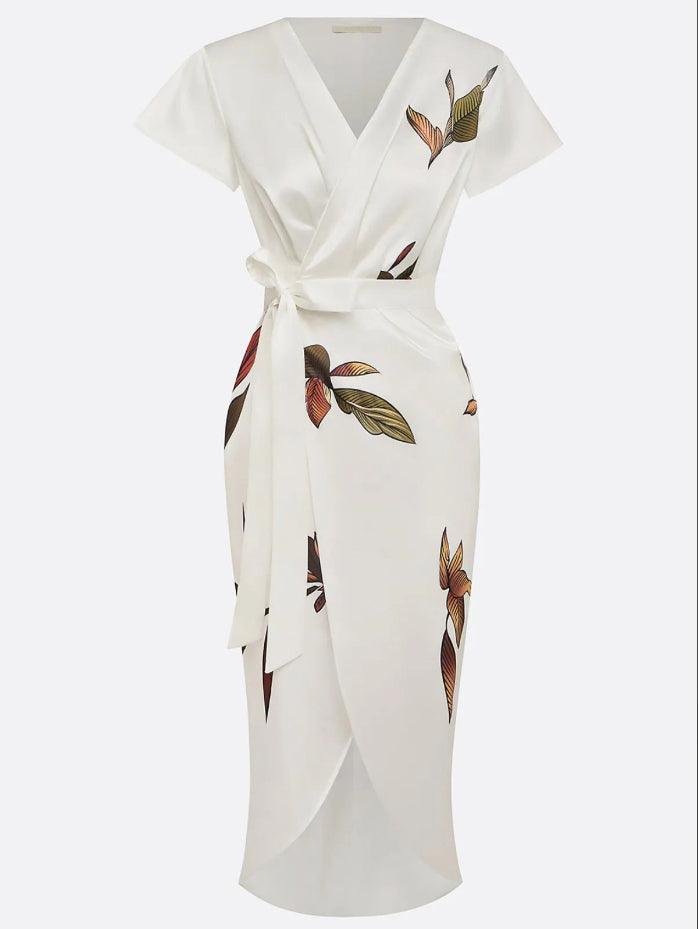 Midi bodycon dress in satin with short sleeves and white leaf pattern