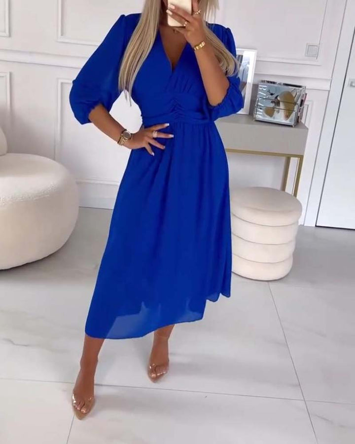 V-neck Solid Color Waist Dress
