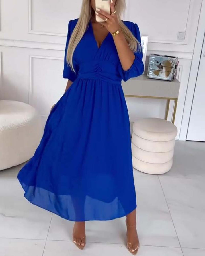 V-neck Solid Colour Waist Dress