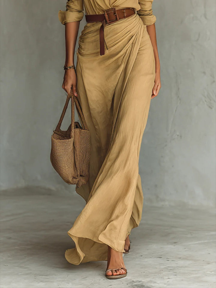 Selvianne™ | Long Belted Dress with Sleeves
