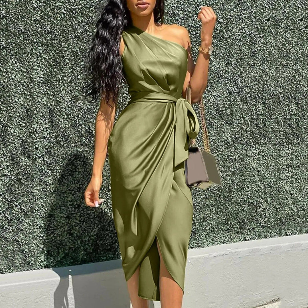 ARIELLE | SILK ASYMMETRIC RUFFLE MAXI DRESS