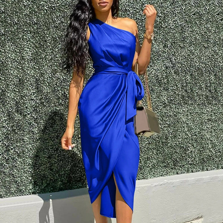ARIELLE | SILK ASYMMETRIC RUFFLE MAXI DRESS