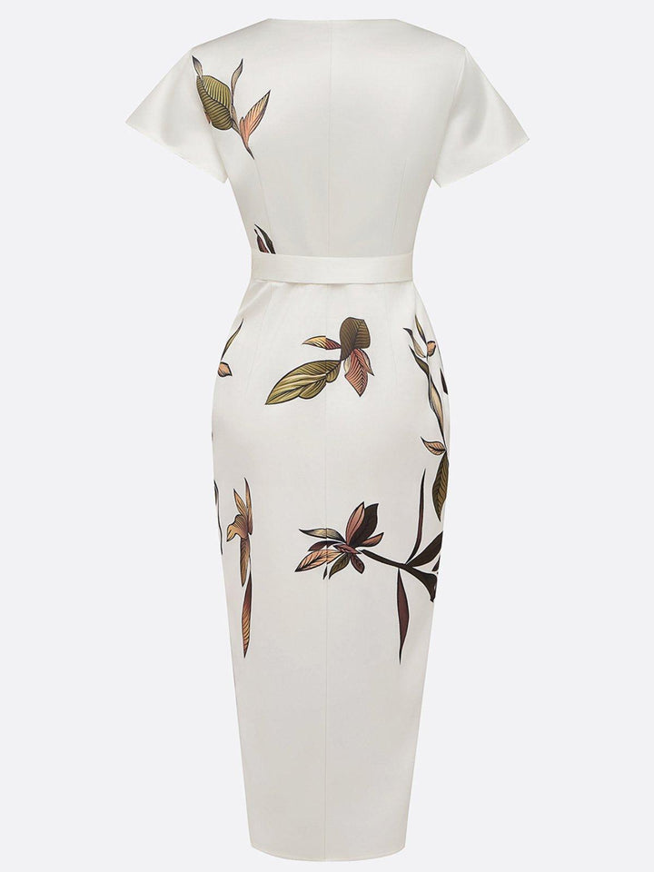Midi bodycon dress in satin with short sleeves and white leaf pattern