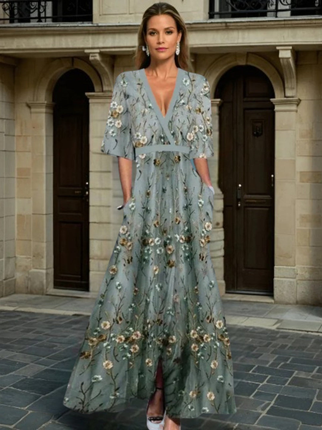 Hazel Elegant V-Neck Belted Boho Dress