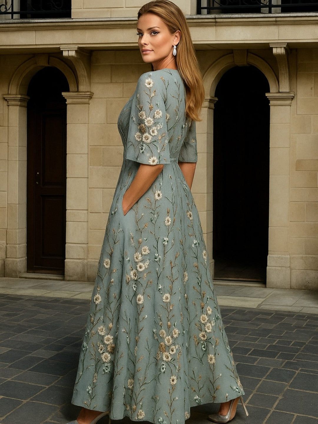 Hazel Elegant V-Neck Belted Boho Dress