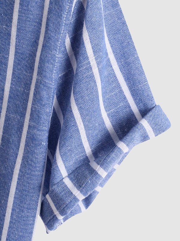 Men's Striped Mandarin Collar Half Button Shirt  Casual Shorts Set