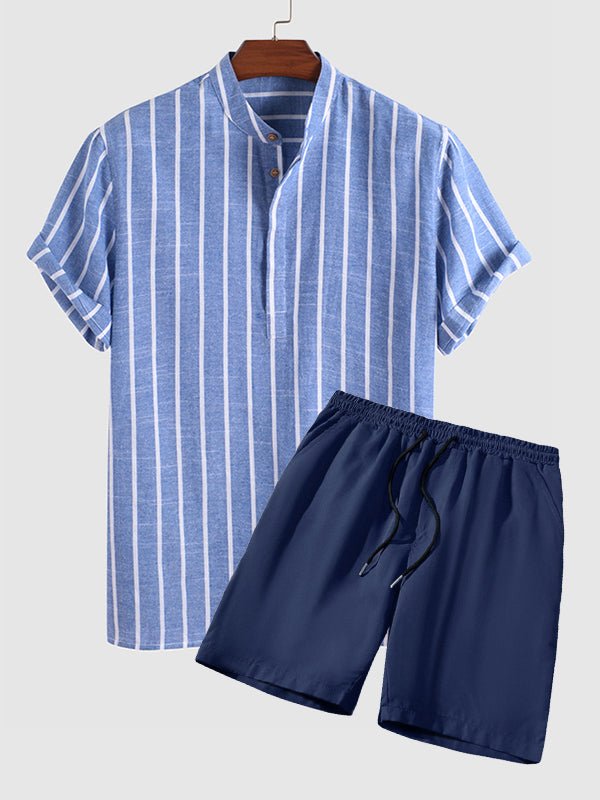 Men's Striped Mandarin Collar Half Button Shirt  Casual Shorts Set