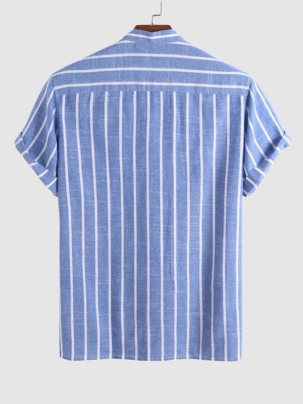 Men's Striped Mandarin Collar Half Button Shirt  Casual Shorts Set