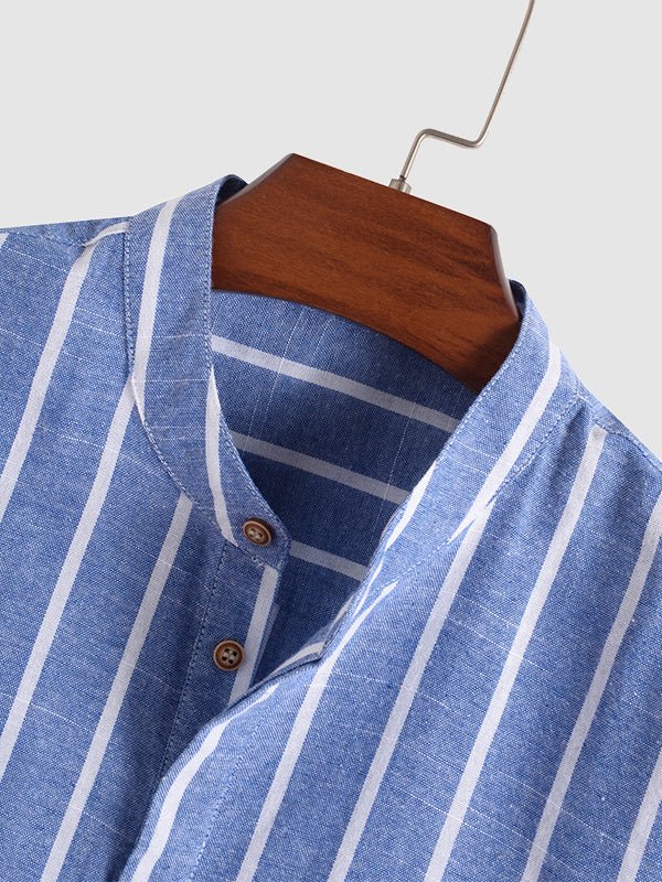Men's Striped Mandarin Collar Half Button Shirt  Casual Shorts Set