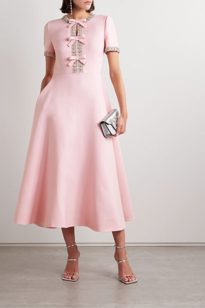 Zoe Bowknot Pink Midi Dress Embellished with Crystals